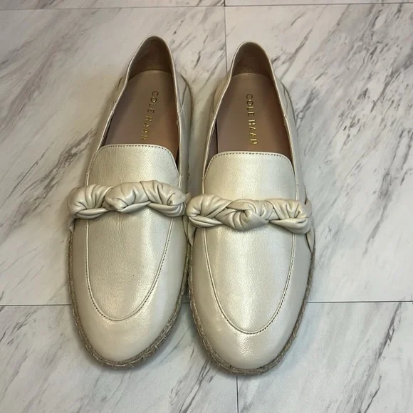 Cole Haan Cloudfeel knotted espadrilles beige tan leather natural flat pull on - Picture 2 of 7